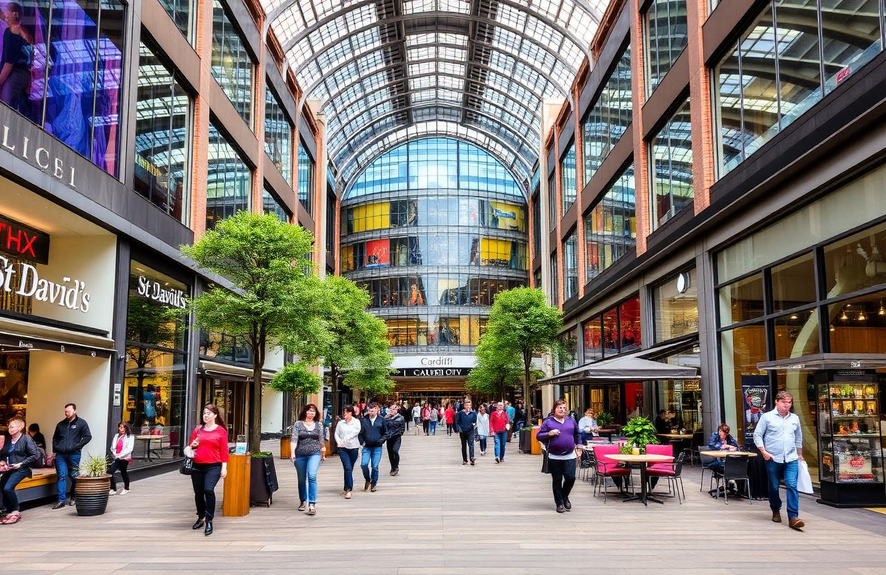 Cardiff city center shopping district with modern retail and dining areas