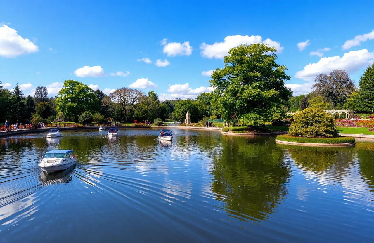 Roath Park Victorian lake with boats and botanical gardens